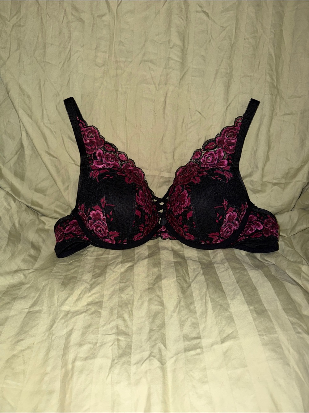 Black Push-Up Bra with Pink Floral Embroidery